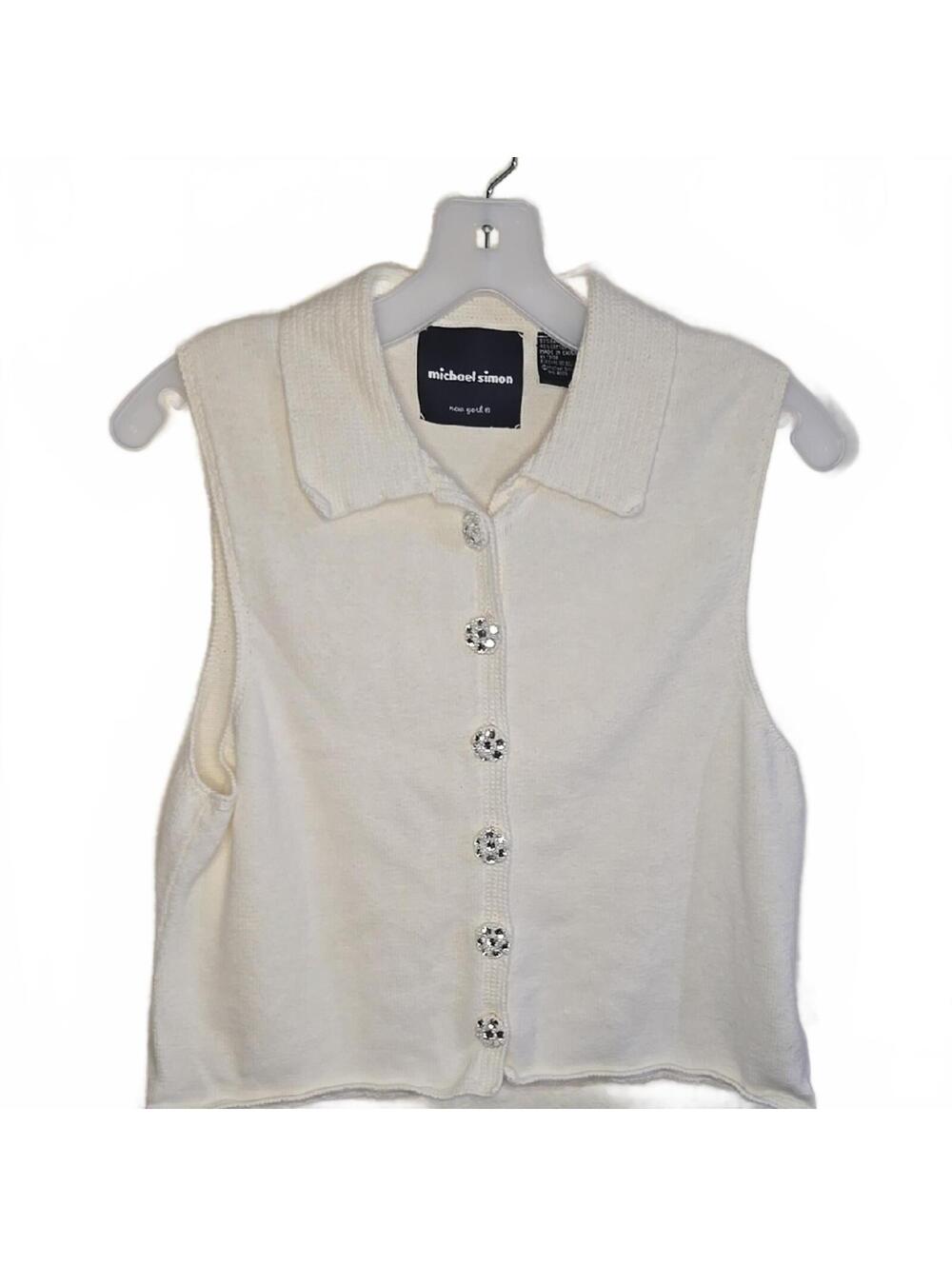 Michael Simon Cream Sleeveless Knit Cardigan with Decorative Buttons